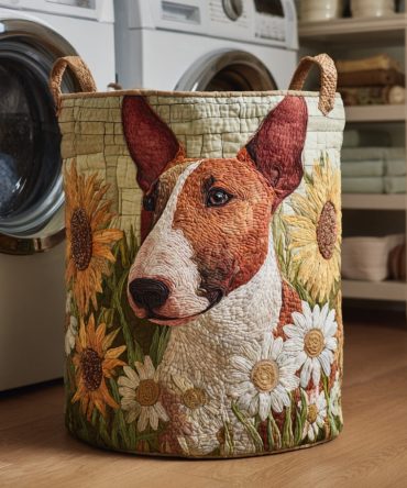 Sunflower Bull Terrier Quilted Laundry Hamper — Floral Dog Print Foldable Storage Basket For Bright, Cheerful Home Decor