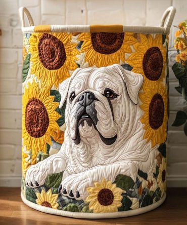 Sunflower Bulldog Dream Quilted Laundry Hamper — Bright Floral Bulldog Design Foldable Fabric Basket With Reinforced Handles & Washable Liner