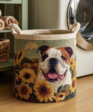 Sunflower Bulldog Quilted Laundry Hamper — Playful Floral & Pet Print Foldable Fabric Basket For Home, Nursery & Dorm