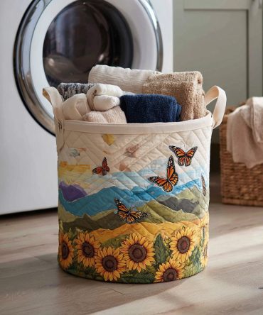 Sunflower Butterfly Quilted Laundry Hamper — Bright Foldable Laundry Basket For Kids, Nursery & Home Organization