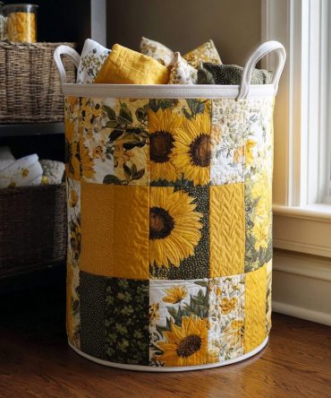 Sunflower Charm Quilted Laundry Hamper — Bright Floral Print, Foldable Cotton-Feel Basket With Handles For Closet, Bedroom & Nursery Storage