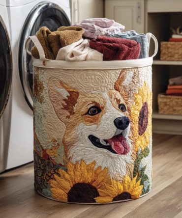 Sunflower Corgi Quilted Laundry Hamper – Sunny Floral Corgi Foldable Laundry Basket For Cheerful Home & Nursery Organization