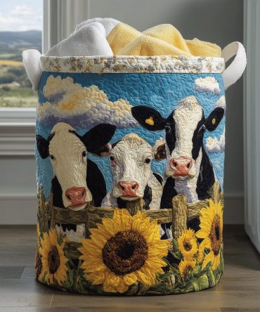 Sunflower Cow Floral Quilted Laundry Hamper – Foldable Fabric Basket With Handles, Bright Farmhouse Storage For Home & Nursery
