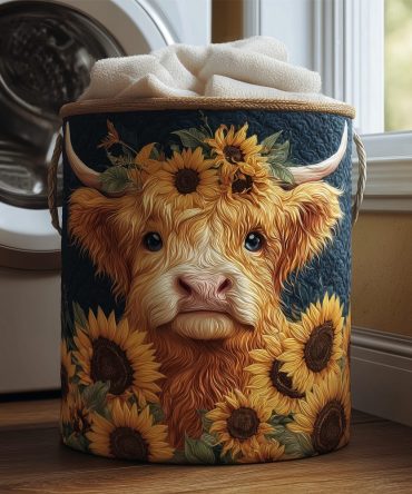 Sunflower Cow Quilted Laundry Hamper – Farmhouse Foldable Fabric Basket With Handles, Cute Floral Cow Print Storage For Home