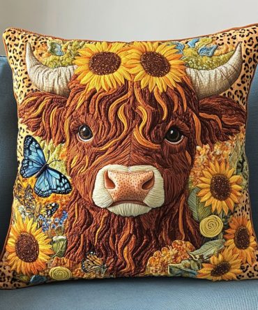 Sunflower Crown Cow Quilted Pillow Cover — Bright Floral & Farm Animal Accent For Cheerful Home Styling , Soft Quilt Texture, Easy Care