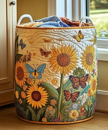 Sunflower Delight Quilted Laundry Hamper — Bright Floral Storage Basket, Foldable Laundry Hamper With Handles For Home