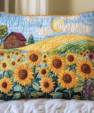Hand-Quilted Sunflower Pillow Cover, Sunflower Dream Motif, Vibrant Yellow Accent Sham For Rustic & Modern Decor, Machine Washable
