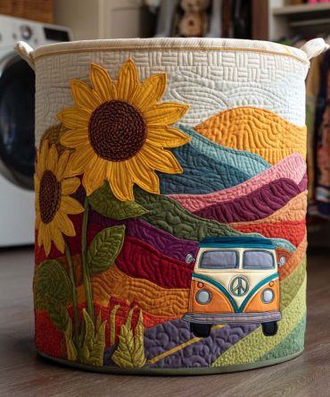 Sunflower Drive Quilted Laundry Hamper – Bright Sunflower Quilted Basket, Collapsible Fabric Hamper With Carry Handles