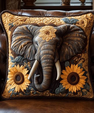 Sunflower & Elephant Quilted Decorative Pillow Cover — Whimsical Floral-Safari Accent, Bright Cotton Blend, Perfect Boho Throw