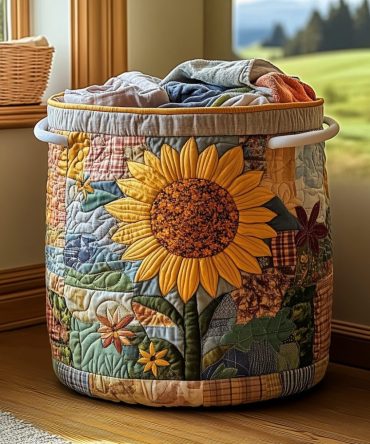 Sunflower Field Quilted Foldable Laundry Hamper — Bright Floral Decorative Basket With Sturdy Handles & Compact Storage