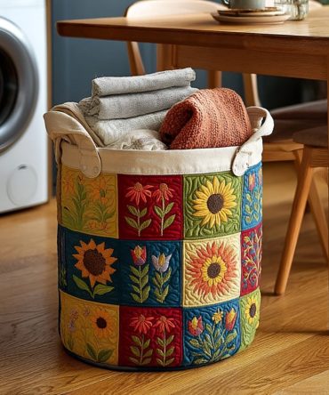 Sunflower Field Quilted Laundry Hamper – Bright Sunflower Print, Large Collapsible Basket With Handles For Cheerful Bedroom, Bathroom & Garden Rooms
