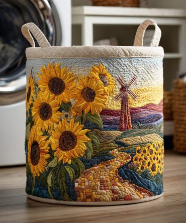 Sunflower Field Quilted Fabric Laundry Hamper , Large Collapsible Floral Basket For Bright Home Storage, Durable Handles & Lightweight