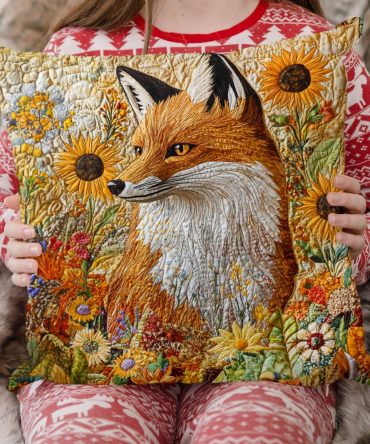 Sunflower & Fox Quilted Decorative Pillow Cover — Charming Garden-Themed Throw Cushion, Durable Cotton Blend For Sofa & Bed