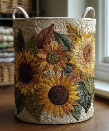 Sunflower Quilted Laundry Basket - Bright Floral Hamper, Foldable Cotton Fabric Bin, Lightweight Decorative Laundry Storage