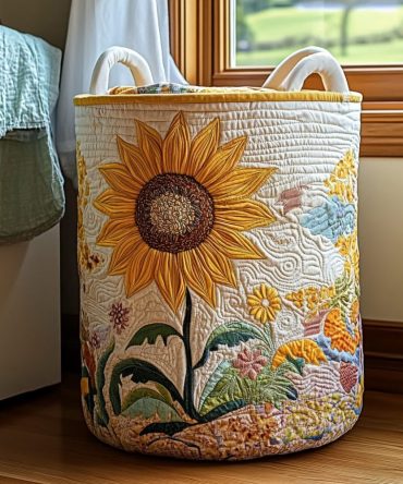 Sunflower Glow Quilted Laundry Hamper — Bright Floral Foldable Storage Basket, Large Cotton Laundry Organizer With Durable Handles & Washable Liner