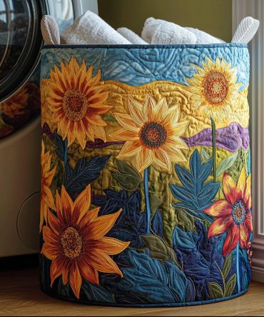 Sunflower Glow Quilted Laundry Hamper — Bright Floral Fabric Basket With Handles, Foldable Storage For Home, Bedroom & Kids Rooms