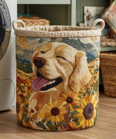 Sunflower Golden Retriever Quilted Hamper - Bright Floral Dog Design Collapsible Laundry Basket For Pet Moms, Bedroom & Laundry, Easy-Carry