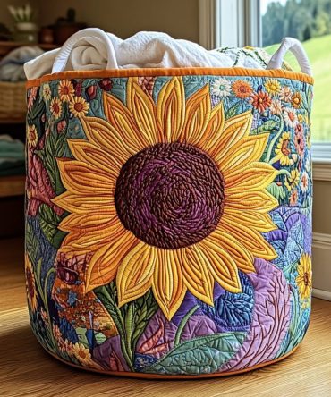 Sunflower Grace Quilted Laundry Hamper — Elegant Floral Foldable Basket For Laundry & Storage, Lightweight With Handles