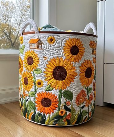 Sunflower Grove Quilted Laundry Hamper — Bright Floral Fabric Basket, Collapsible & Durable With Comfortable Handles For Cheerful Home Storage