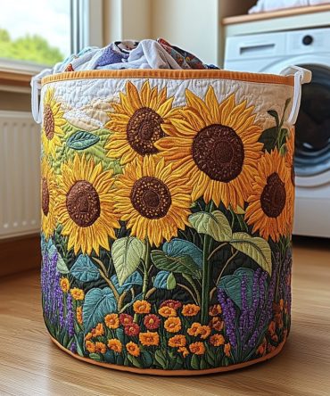 Sunflower Haven Quilted Laundry Hamper — Rustic Sunflower Fabric Basket, Collapsible Laundry Storage With Carry Handles