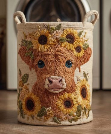 Bright Sunflower Highland Cow Quilted Laundry Hamper — Rustic Floral Cow Print Fabric Basket, Large Capacity, Collapsible & Machine-Washable