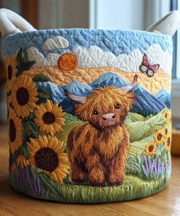 Sunflower Highland Quilted Laundry Hamper — Bright Floral Foldable Laundry Basket, Washable Cotton Storage With Handles For Home Décor