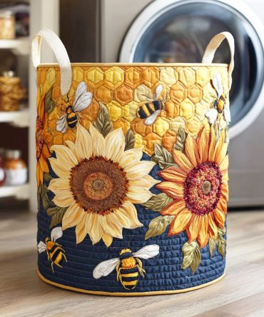 Sunflower Hive Quilted Laundry Hamper — Bright Sunflower Print Fabric Basket With Durable Handles, Collapsible Storage & Farmhouse Flair