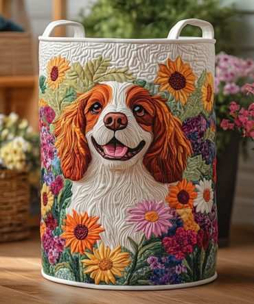 Sunflower Spaniel Quilted Cotton Laundry Hamper — Bright Foldable Storage Basket With Handles For Cheerful Home & Nursery Organization