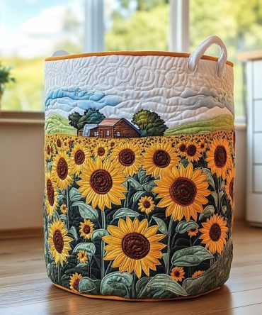 Sunflower Meadow Quilted Laundry Hamper — Bright Sunflower Quilted Laundry Basket, Foldable Floral Storage With Reinforced Handles