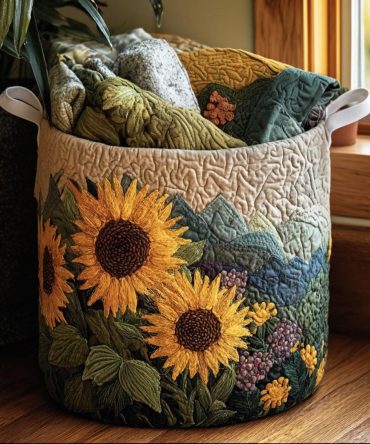 Sunflower Meadow Quilted Laundry Hamper - Charming Foldable Fabric Basket With Handles, Washable & Durable Home Organizer