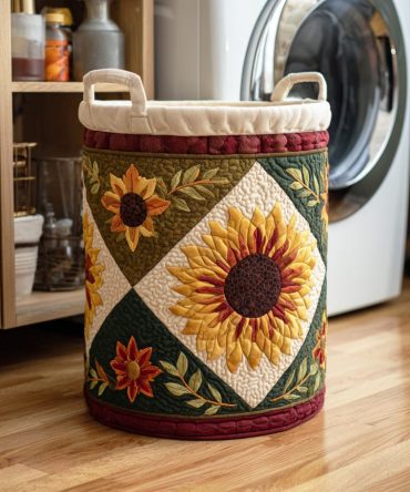 Sunflower Mood Quilted Fabric Laundry Hamper , Large Collapsible Floral Basket For Bright Home Storage, Durable Handles, Easy Care