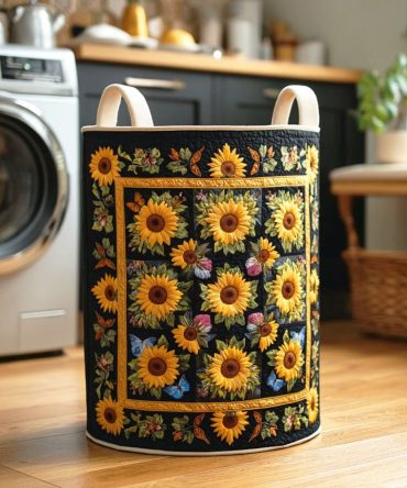 Sunflower Patch Garden Quilted Laundry Hamper – Bright Floral Sunflower Fabric Basket, Large Foldable Washable Organizer With Sturdy Handles For Home
