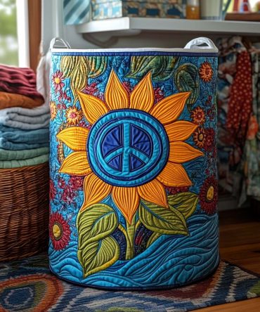 Sunflower Peace Quilted Laundry Hamper — Cheerful Sunflower Fabric Laundry Basket For Bright Bedroom & Nursery Storage, Collapsible