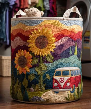 Sunflower Road Quilted Laundry Hamper - Cheerful Sunflower Fabric Basket, Foldable & Washable With Handles For Stylish Home Organization