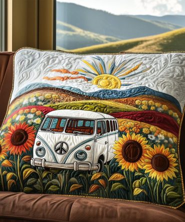 Boho Sunflower Van Quilted Pillowcase — Reversible Floral Throw Cover, Soft Cotton-Blend Accent For Bed & Sofa, Machine-Washable Comfort