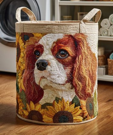 Sunflower Spaniel Quilted Laundry Hamper — Bright Floral Spaniel Print, Foldable Fabric Basket With Handles & Washable Liner