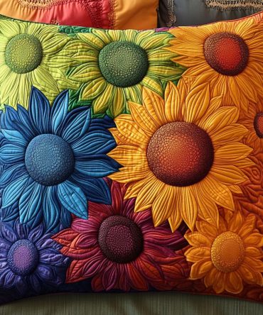 Sunflower Symphony Quilted Pillow Cover - Bright Sunflower Throw Pillow Case, Farmhouse & Cottage Accent For Cozy Living Spaces