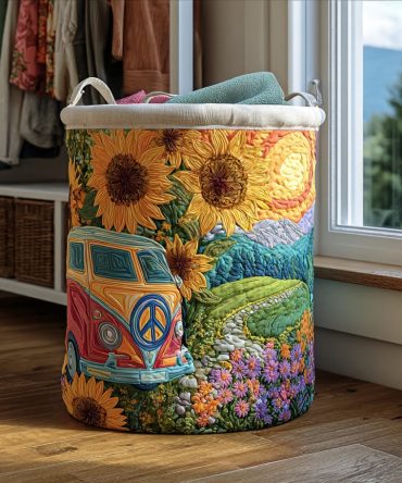 Sunflower Trip Quilted Laundry Basket - Bright Floral Quilted Hamper, Foldable Fabric Laundry Organizer With Sturdy Handles For Sunny Home Décor