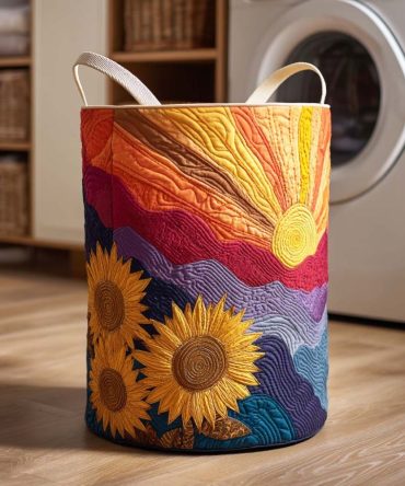 Bright Quilted Laundry Hamper — Sunflower Valley Design, Foldable Fabric Basket With Comfortable Reinforced Handles