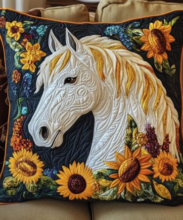 Sunflower White Horse Quilted Pillow Cover – Rustic Floral & Equine Accent For Farmhouse, Country & Sunroom Decor (Warm Tones, Textured Finish)