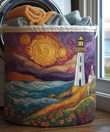Sunlit Coastal Beacon Quilted Laundry Hamper - Decorative Collapsible Fabric Hamper For Bedroom, Bathroom & Kids' Rooms