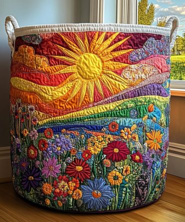 Sunlit Bliss Quilted Laundry Hamper – Warm Sunshine Pattern Foldable Fabric Basket, Lightweight Storage For Home & Dorm
