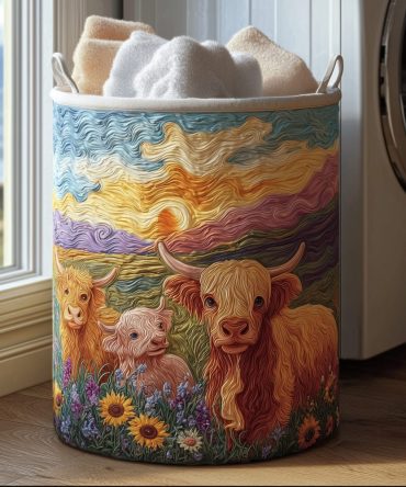 Sunlit Cow Quilted Laundry Hamper — Whimsical Farm Animal Design Canvas Basket With Handles For Laundry & Decor Storage