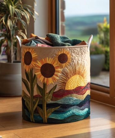 Sunlit Fields Quilted Laundry Hamper - Spacious Foldable Fabric Basket With Handles, Washable & Decorative Home Organizer
