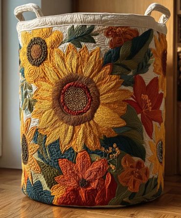 Sunlit Fields Quilted Laundry Hamper - Bright Floral Foldable Organizer With Durable Handles, Quilted Cotton Blend For Everyday Storage