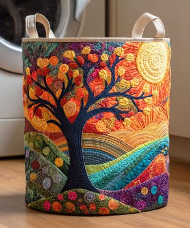 Sunlit Life Tree Quilted Laundry Hamper — Botanical Quilted Washable Laundry Basket, Foldable Organizer With Handles For Stylish Storage
