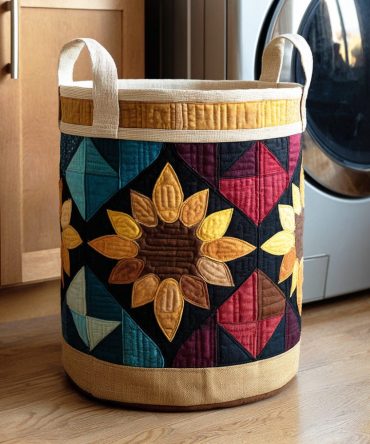 Sunlit Petals Quilted Fabric Laundry Hamper , Large Collapsible Floral Storage Basket, Sturdy Handles & Decorative Home Accent