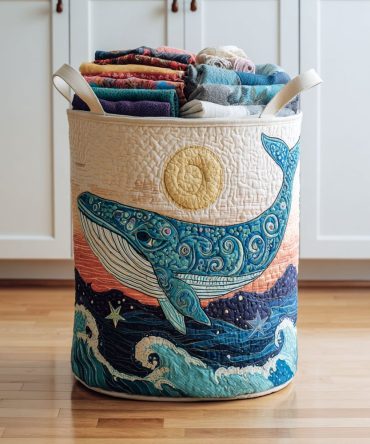 Sunlit Whale Quilted Laundry Hamper — Playful Ocean Print Foldable Laundry Basket For Kids, Durable Cotton Hamper With Easy-Carry Handles