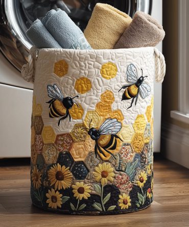 Sunny Bee Quilted Laundry Hamper — Bright Bee Pattern Fabric Basket For Kids Room, Laundry, Toy Storage & Cheerful Home Accents — Foldable