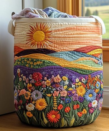 Sunny Bloom Quilted Laundry Hamper - Bright Floral Fabric Storage Basket, Foldable Large-Capacity Laundry Organizer For Bedroom & Nursery